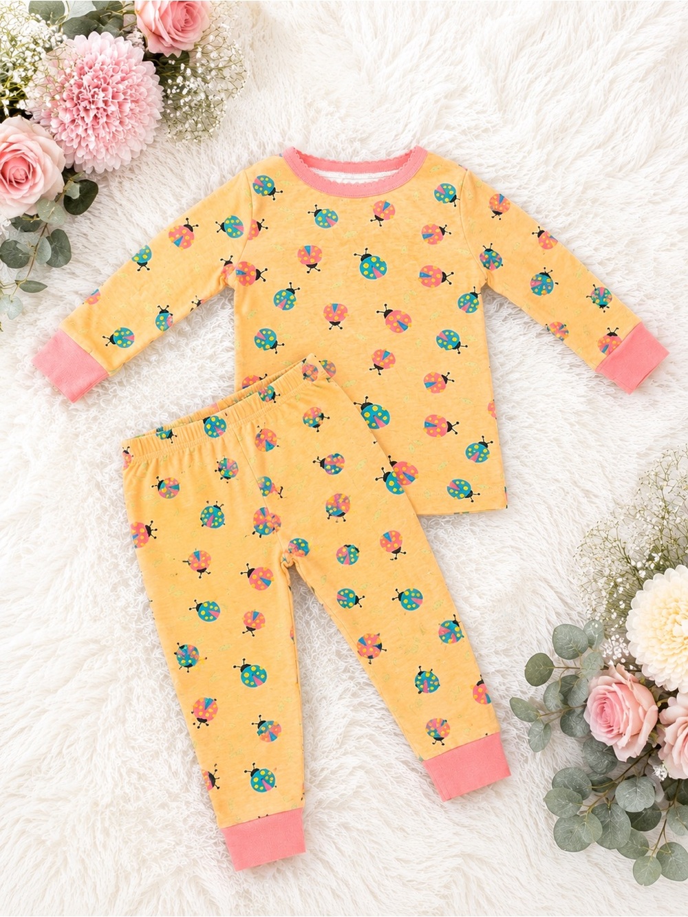 Koala Kids Yellow Ladybug Pajama Set with Pink Trim